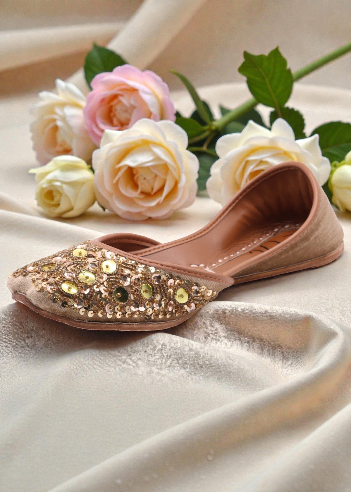 Gold Partywear Khussa with Circular Discs Online in KSA Riyadh Saudi Arabia Oman Bahrain Qatar