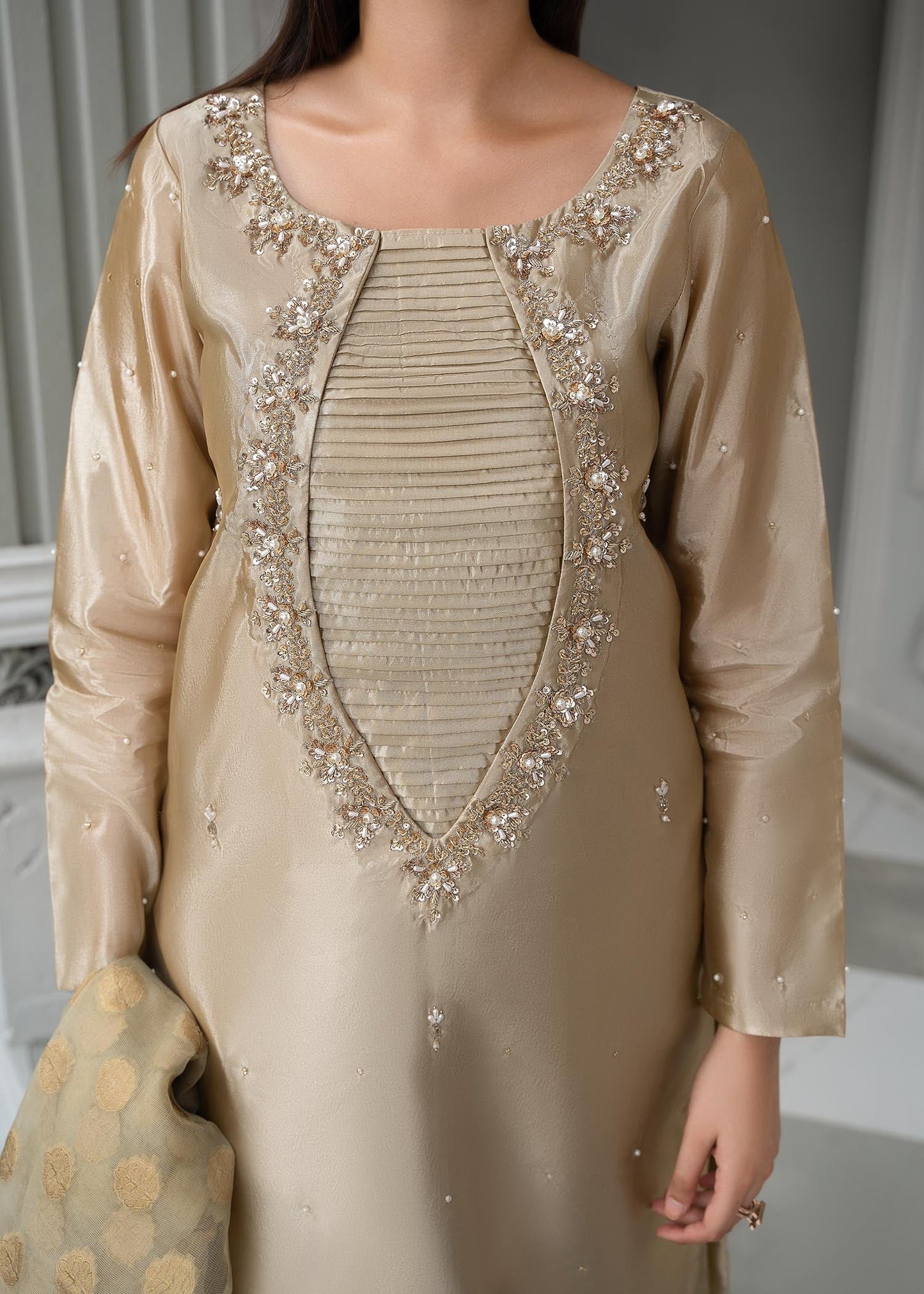 Gold Pearl Embellished Organza Dupatta Suit Online in Dubai DXB UAE Abudhabi Meena Bazaar