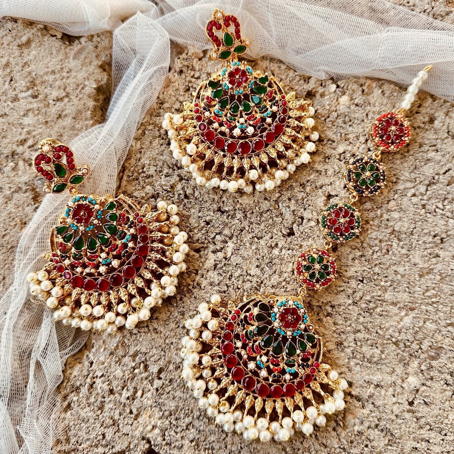 Gold Plated Gemstone Earrings and Tikka Set Online in KSA Riyadh Saudi Arabia Oman Bahrain Qatar