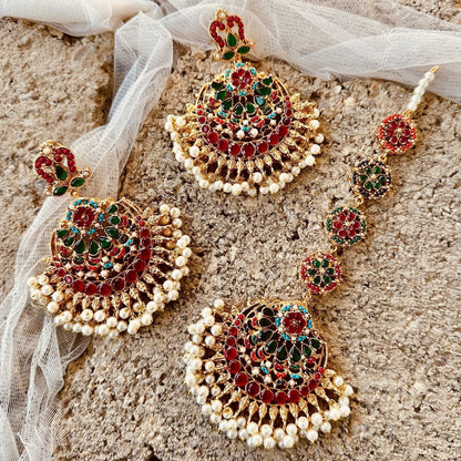 Gold Plated Gemstone Earrings and Tikka Set Online in KSA Riyadh Saudi Arabia Oman Bahrain Qatar