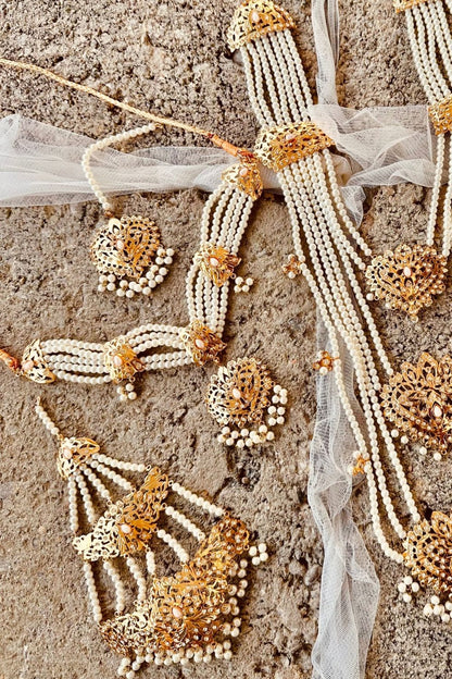 Gold Plated Hyderabadi Bridal Jewellery Set with White Pearls Online in Dubai UAE Abudhabi Ajman Sharjah