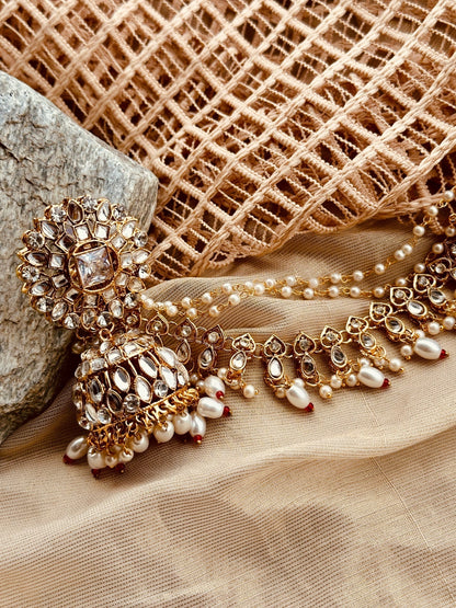 Gold Plated Jhumka Earrings Tikka Set Online in KSA Riyadh Saudi Arabia Oman Bahrain Qatar