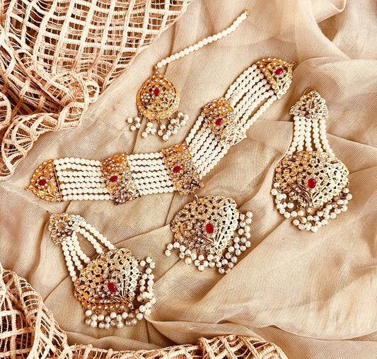 Gold Plated Ruby Red Bridal Jewellery Set Online in KSA Riyadh Saudi Arabia Oman Bahrain Qatar
