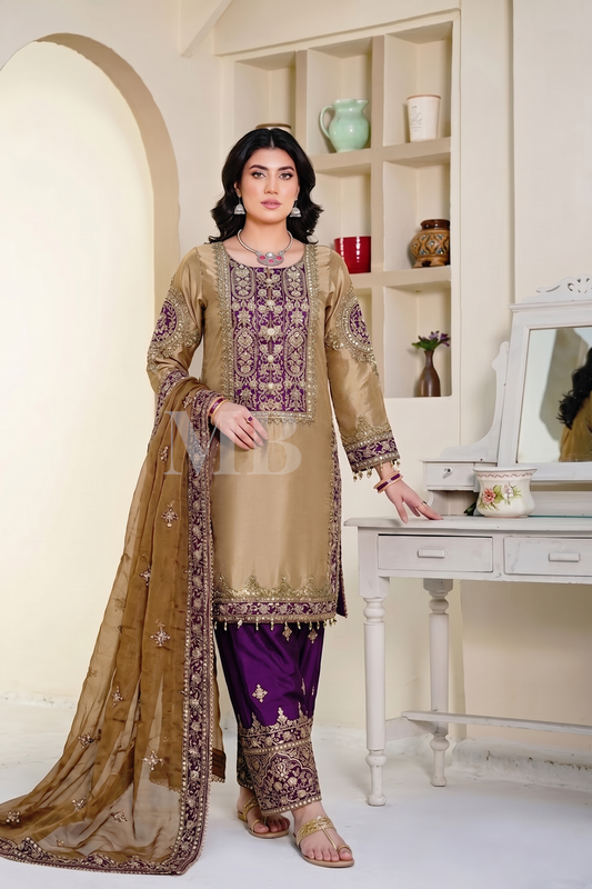 Gold Silk Chiffon Dupatta Suit Online in Dubai UAE Abudhabi Ajman Sharjah