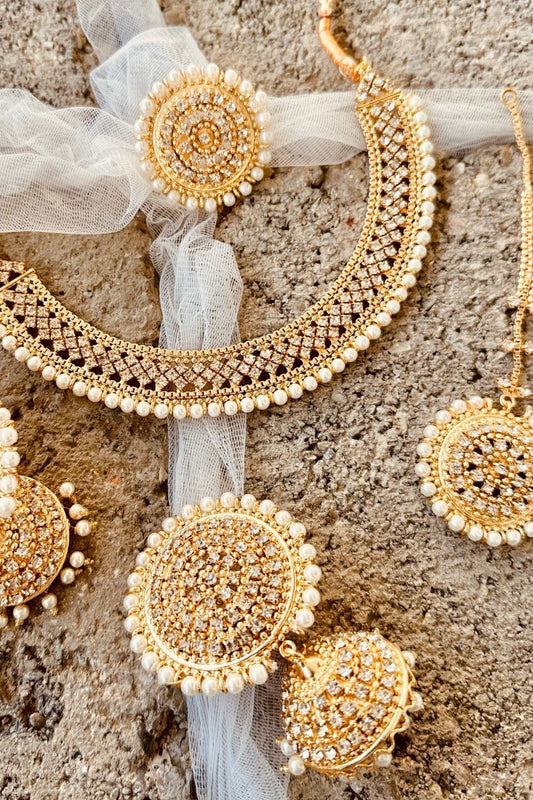 Gold Stone Work Necklace and Jhumka Set Online in Dubai UAE Abudhabi Ajman Sharjah