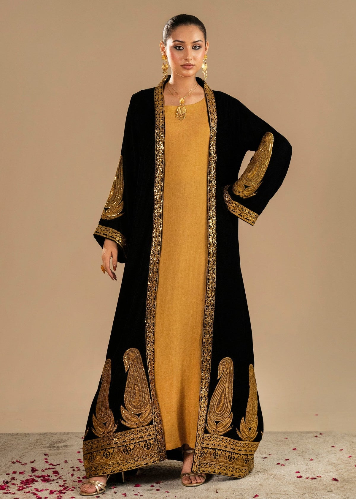 Gold Tilla Embroidered Black Velvet Designer Suit Online in Dubai DXB UAE Abudhabi Meena Bazaar