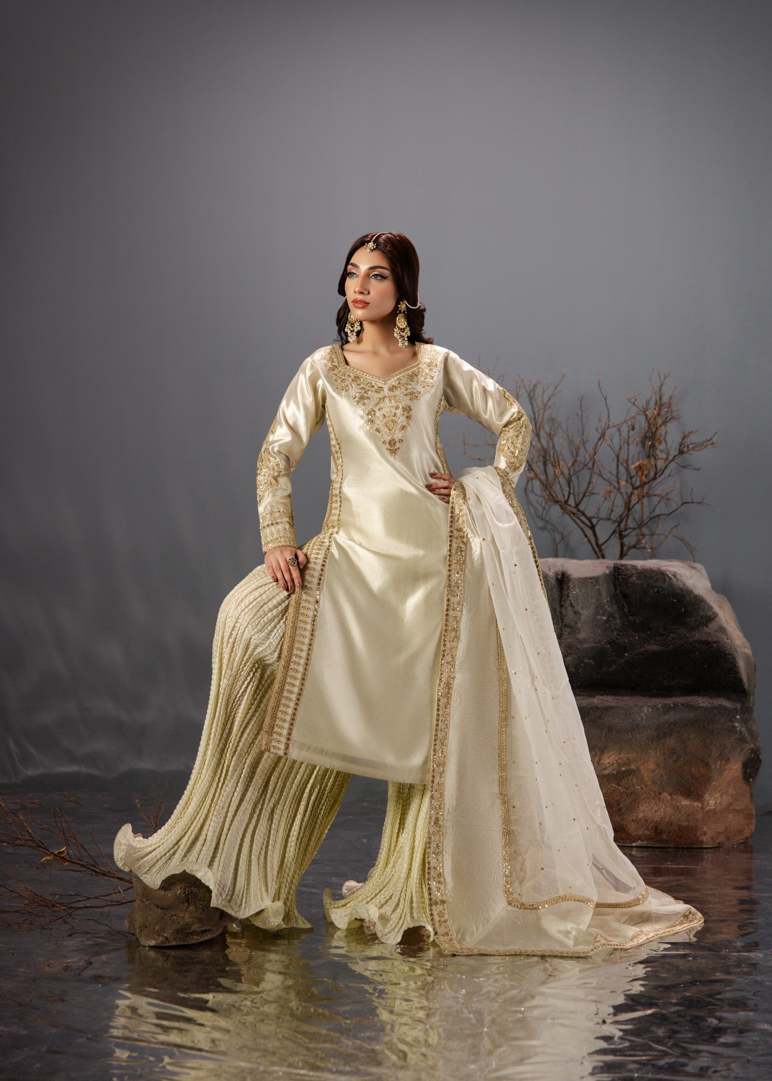 Gold Tissue Kurti with Silk Grip Sharara Online in KSA Riyadh Saudi Arabia Oman Bahrain Qatar