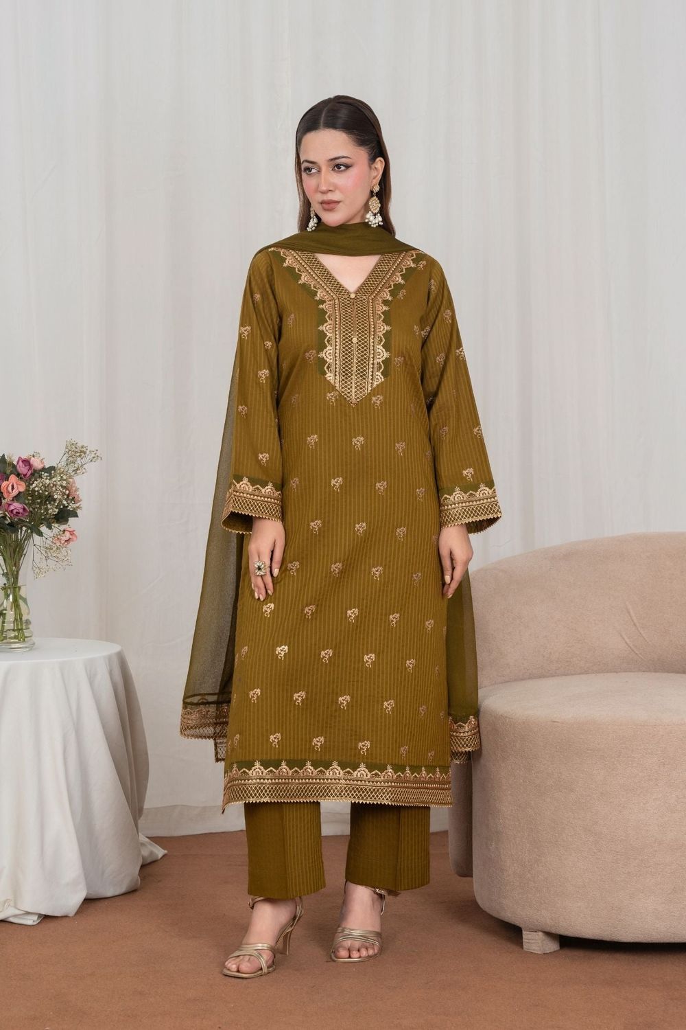 Golden Brown Embroidered Lawn Suit with Chiffon Dupatta Online in Dubai UAE Abudhabi Ajman Sharjah