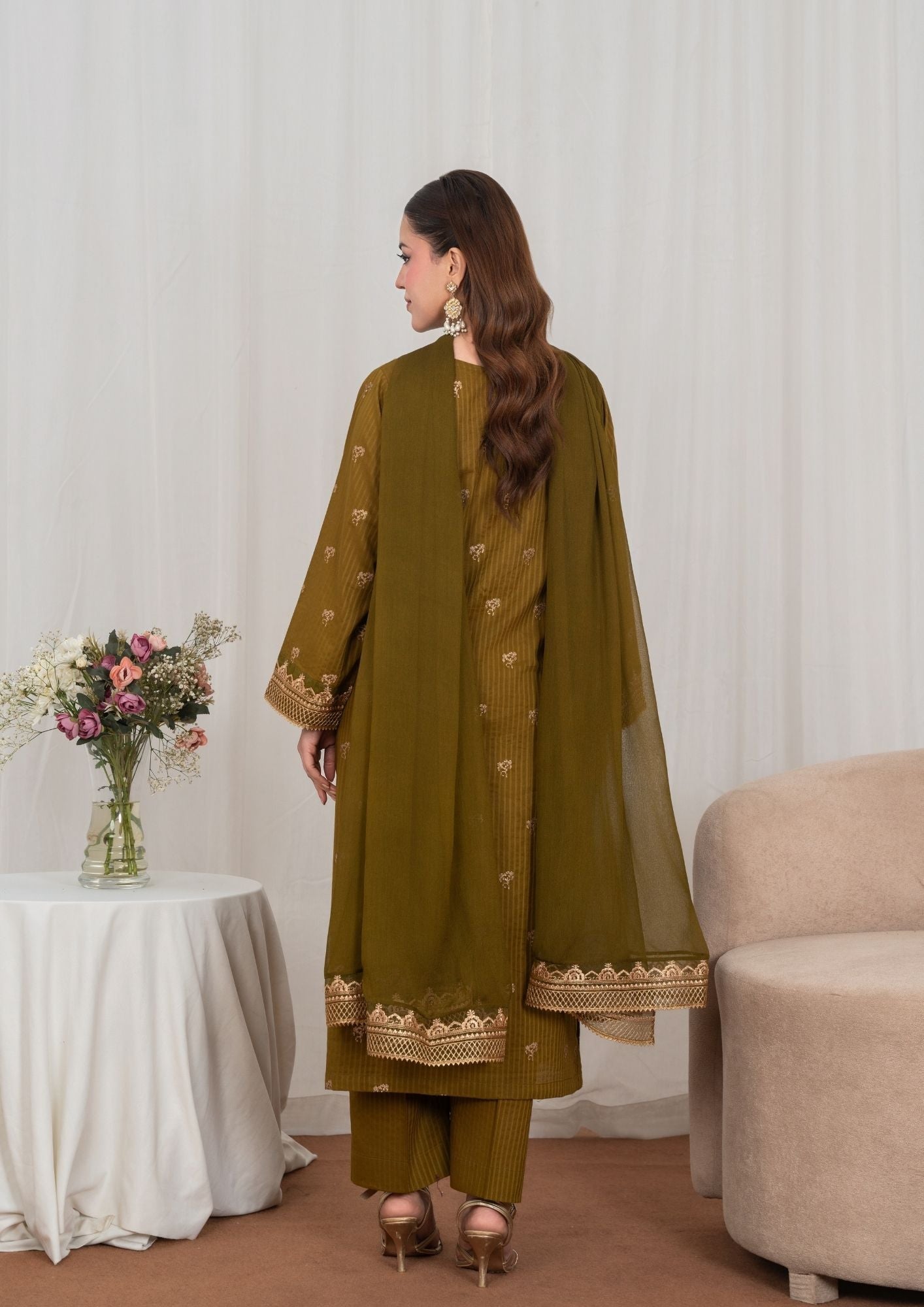 Golden Brown Embroidered Lawn Suit with Chiffon Dupatta Online in Dubai UAE Abudhabi Ajman Sharjah