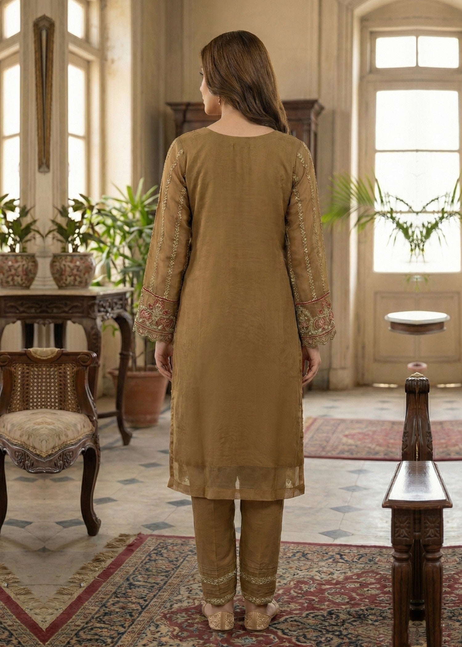 Golden Brown Embroidered Organza Partywear Suit Online in Dubai DXB UAE Abudhabi Meena Bazaar