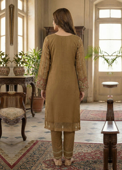 Golden Brown Embroidered Organza Partywear Suit Online in Dubai DXB UAE Abudhabi Meena Bazaar