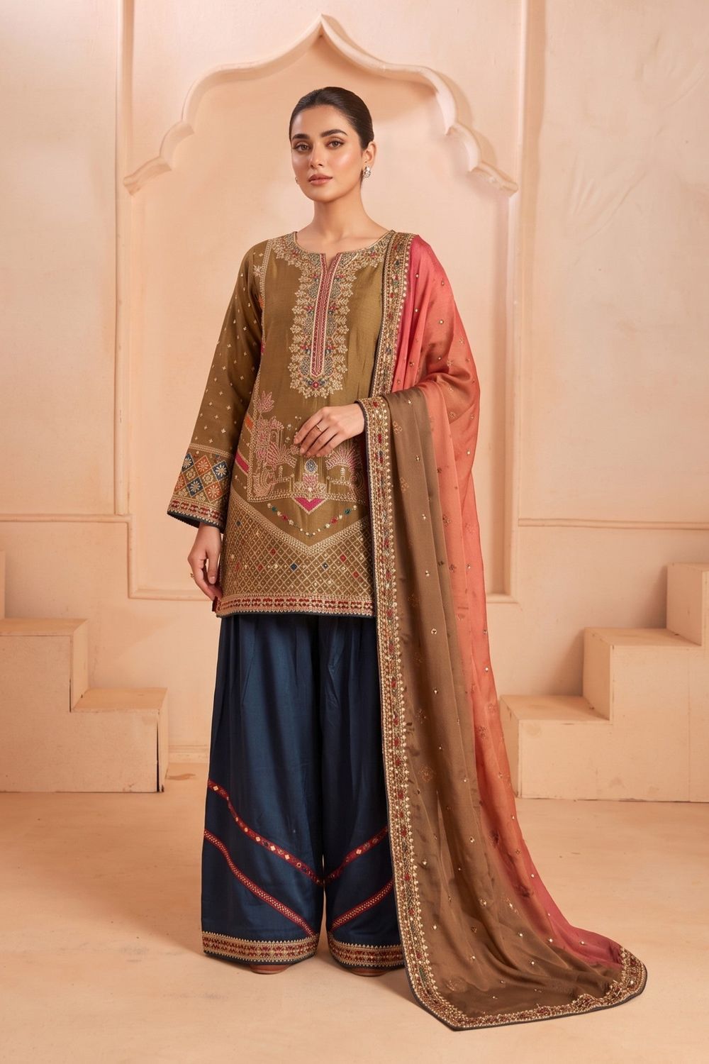 Golden Brown Embroidered Raw Silk Pakistani Suit Online in Dubai UAE Abudhabi Ajman Sharjah