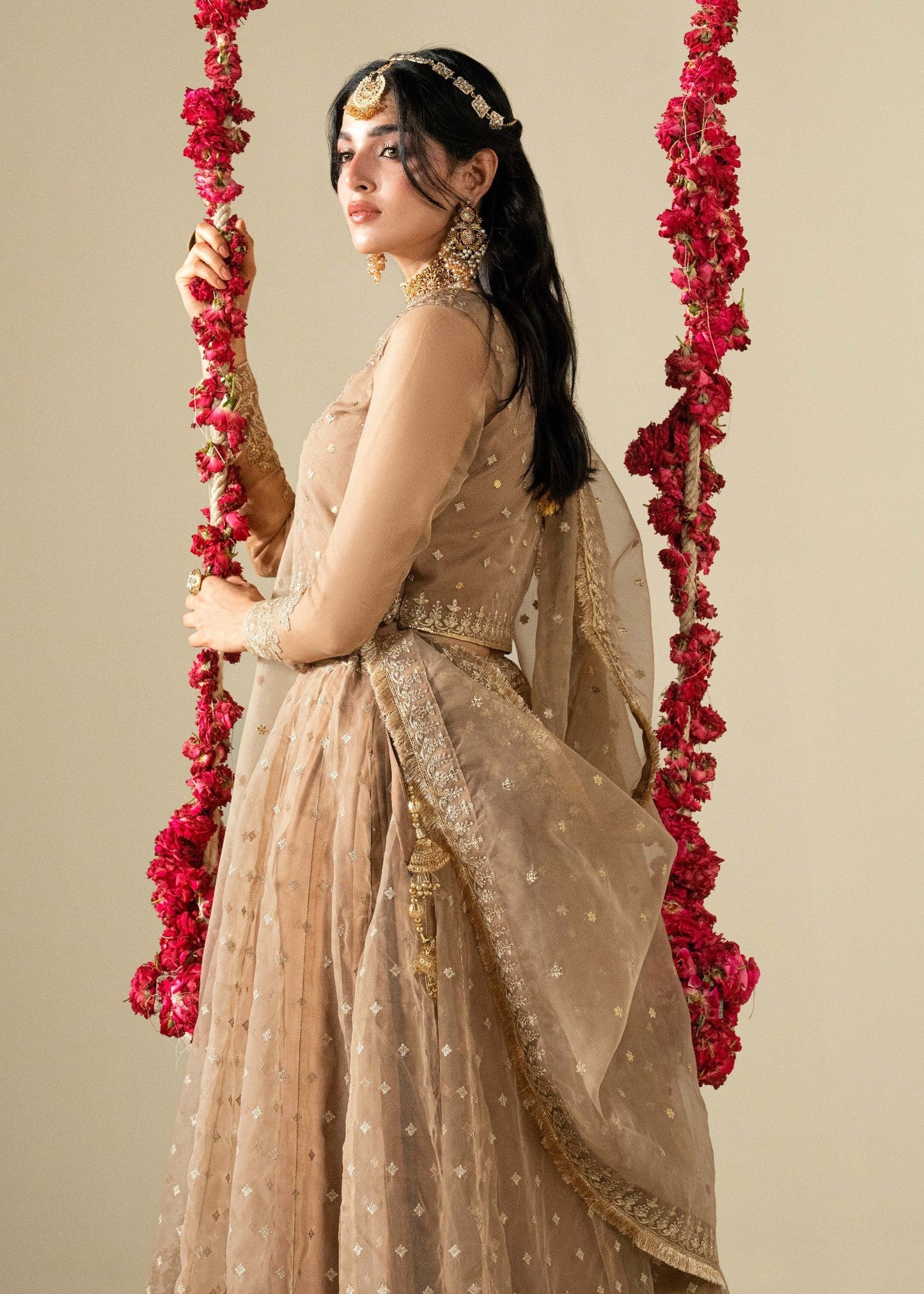 Golden Brown Flared Lehenga with Dupatta Online in Dubai DXB UAE Abudhabi Meena Bazaar