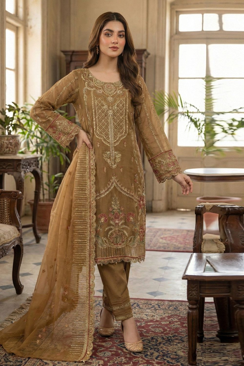 Golden Brown Organza Straight Kurta Suit Online in Dubai UAE Abudhabi Ajman Sharjah