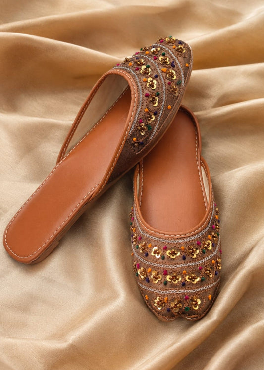 Golden Embellished Saddle Brown Khussa Mojari Online in UK USA Canada