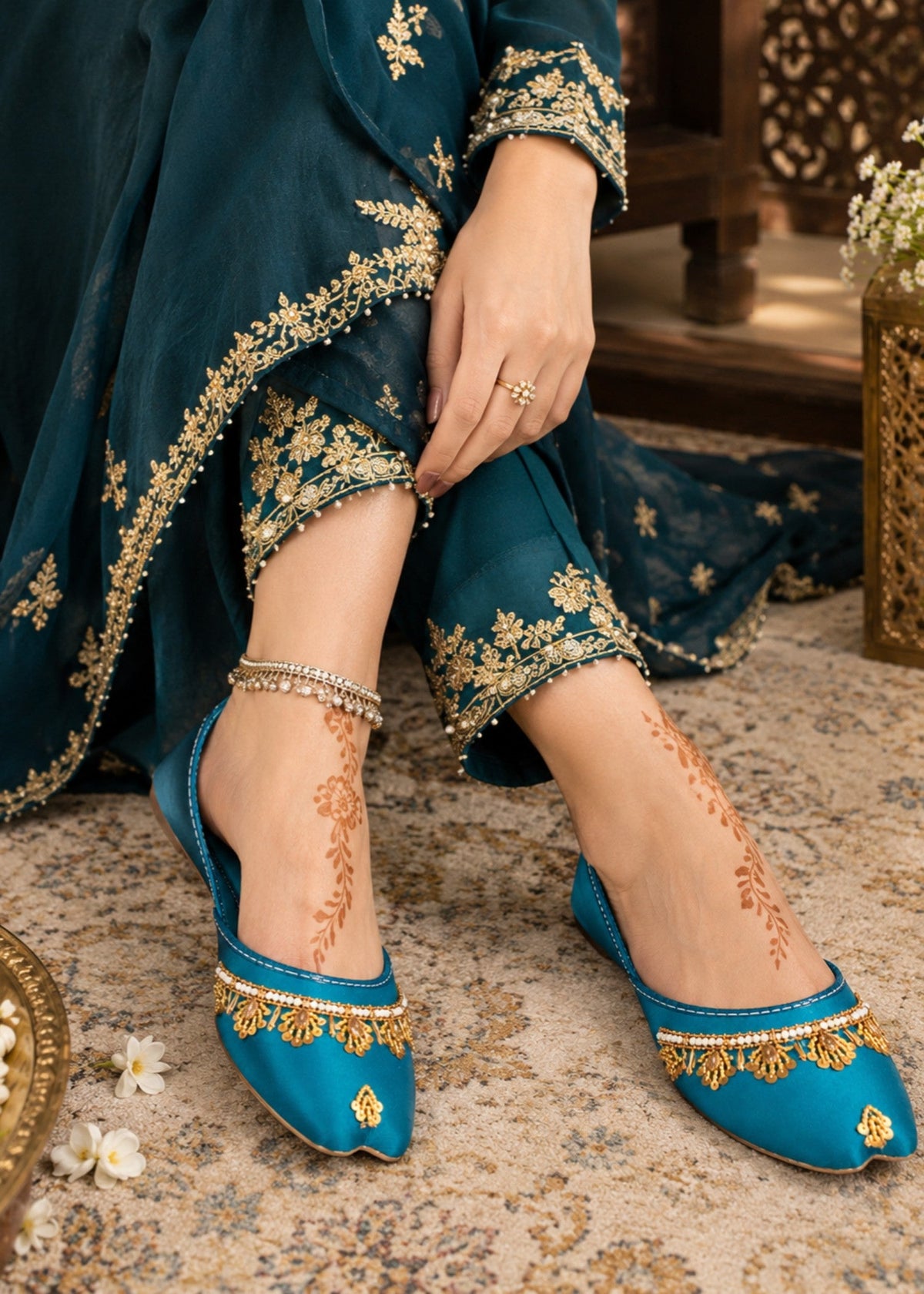 Golden Embroidered Navy Blue Khussa Online in Dubai DXB UAE Abudhabi Meena Bazaar
