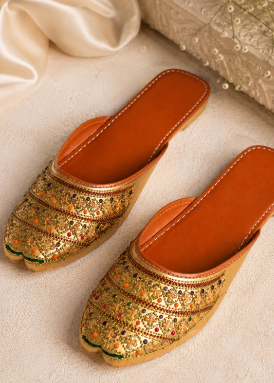 Golden Floral Embroidered Ethnic Shoe Online in UK USA Canada