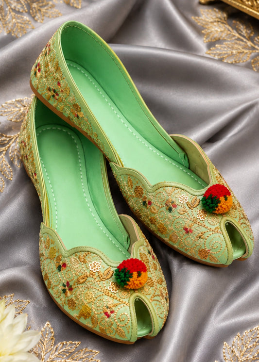 Golden Floral Embroidered Khussa Wedding Shoes Online in KSA Riyadh Saudi Arabia Oman Bahrain Qatar