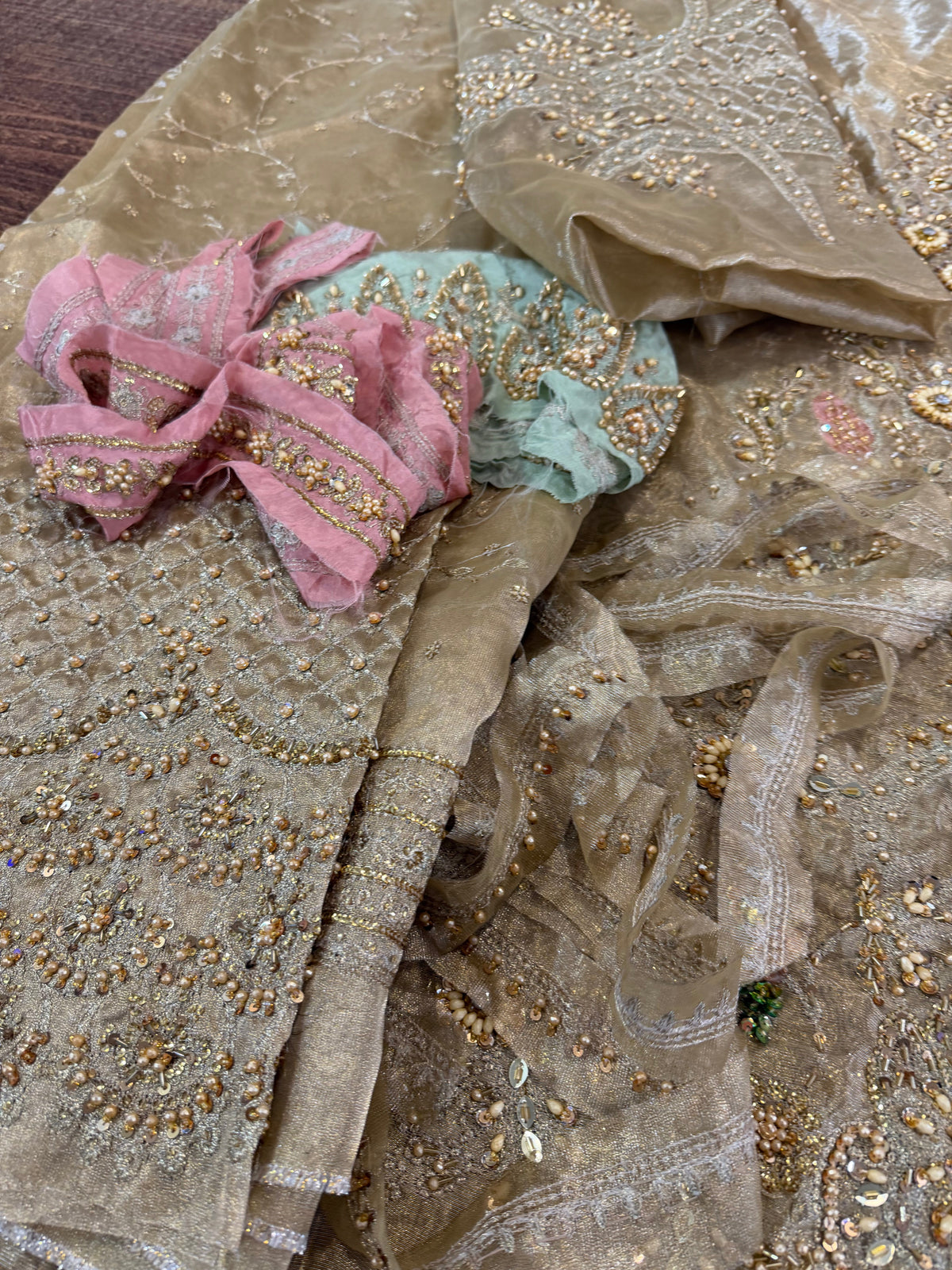 Golden Multi Embroidered Chiffon Wedding and Bridal Suit Online in Dubai DXB UAE Abudhabi Meena Bazaar
