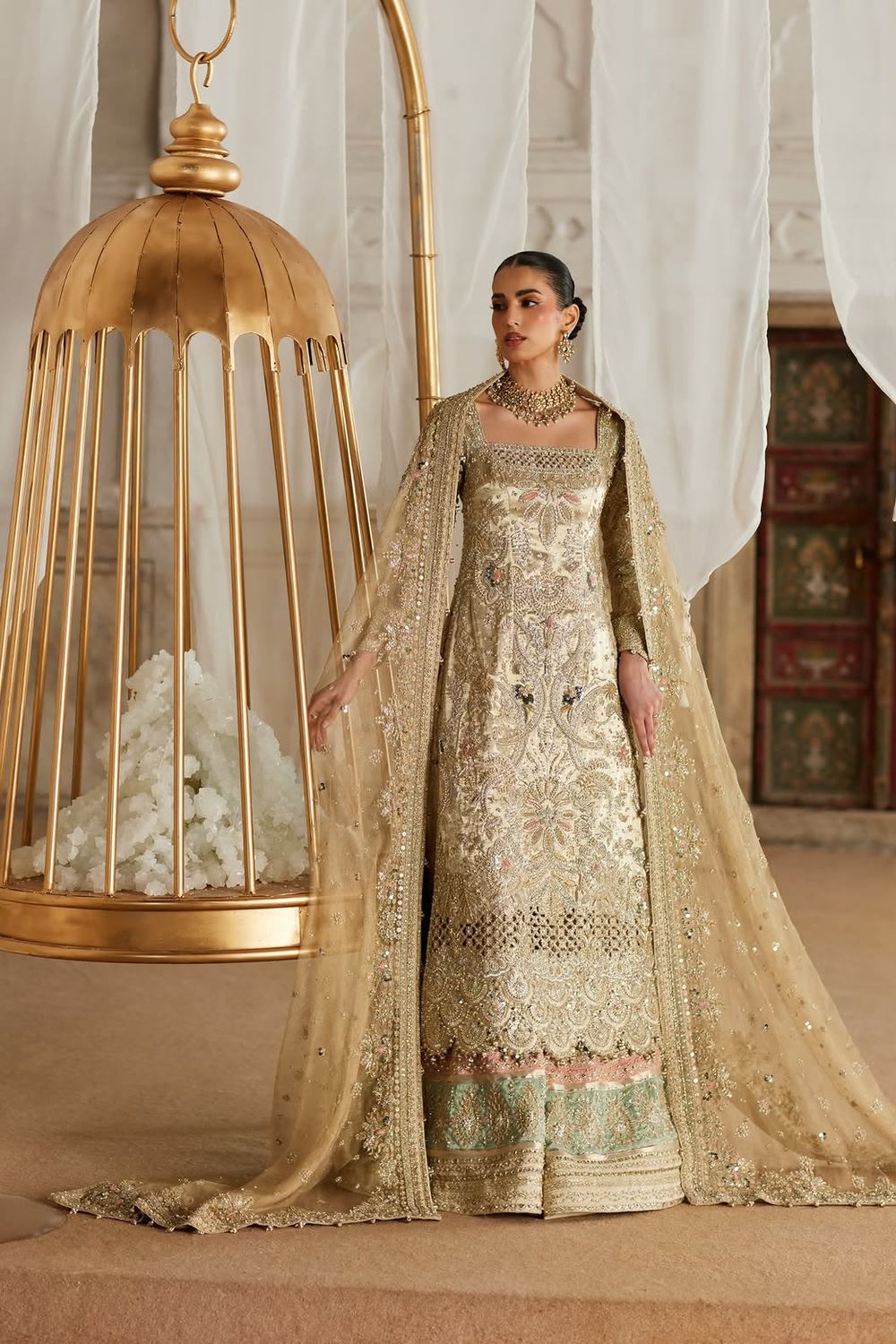 Golden Multi Hand Embroidered Chiffon Bridal Suit Online in Dubai UAE Abudhabi Ajman Sharjah