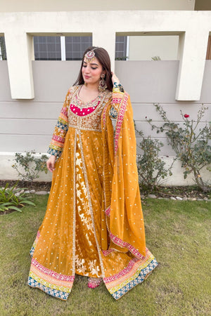 Golden Orange Embroidered Chiffon Maxi Kurta Set Online in Dubai UAE Abudhabi Ajman Sharjah