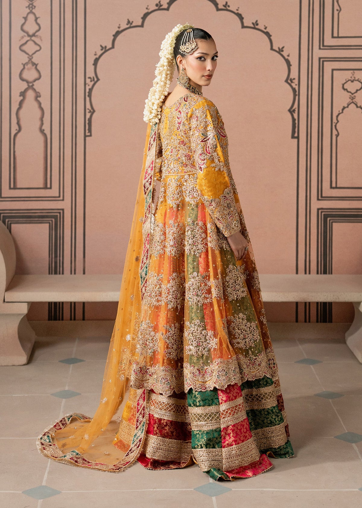 Golden Orange Formal Net Sharara Suit Online in Dubai UAE Abudhabi Ajman Sharjah