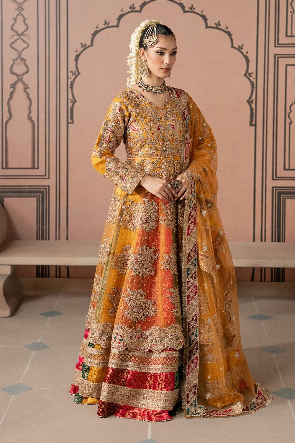 Golden Orange Zardozi Net Pishwas Sharara Online in Dubai UAE Abudhabi Ajman Sharjah