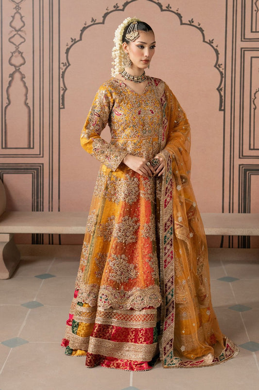 Golden Orange Zardozi Net Pishwas Sharara Online in Dubai UAE Abudhabi Ajman Sharjah