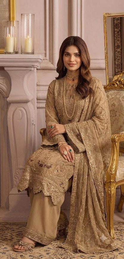 Golden Hand Embellished Net Partywear Suit