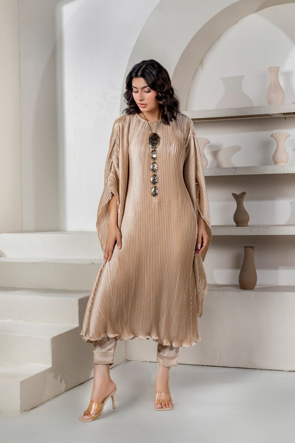 Goldenrod Embellished Charmuse Kaftan Online in Dubai UAE Abudhabi Ajman Sharjah