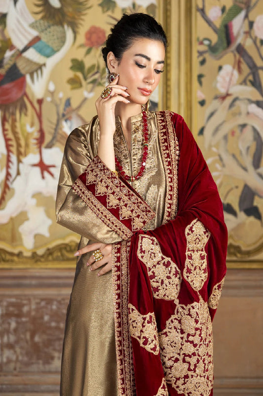 Gold Suit with Red Velvet Dupatta