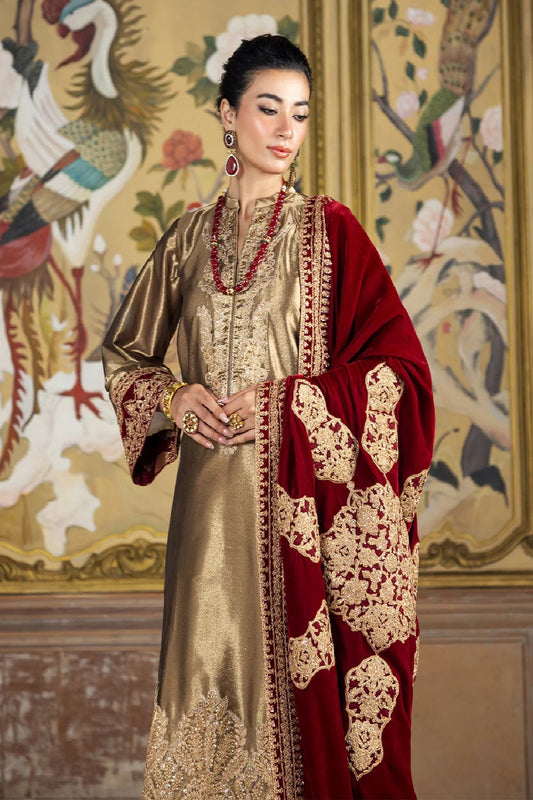 Gold Suit with Red Velvet Dupatta