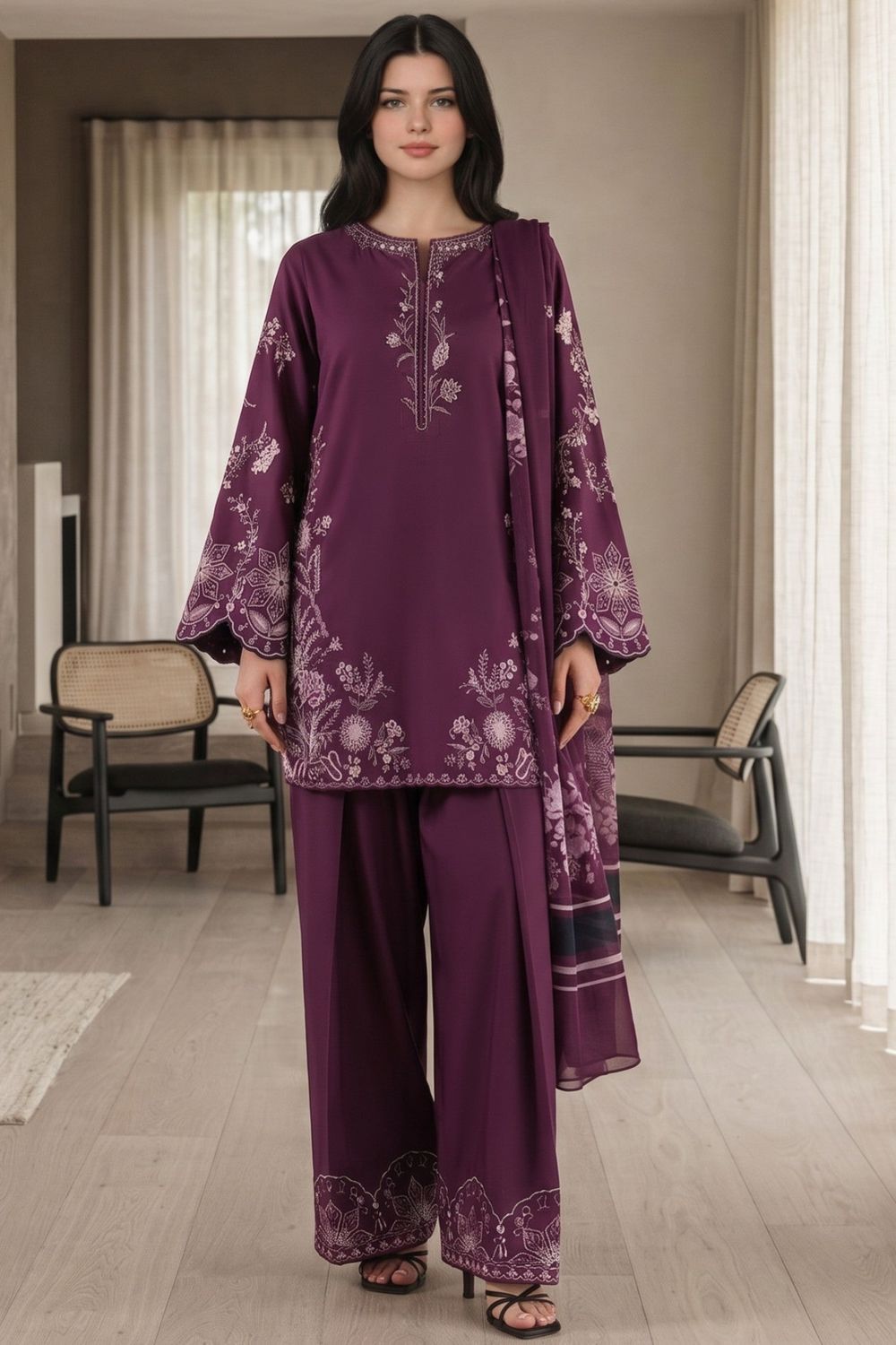 Grape Wine Embroidered Lawn Cotton Pakistani Suit Online in Dubai UAE Abudhabi Ajman Sharjah