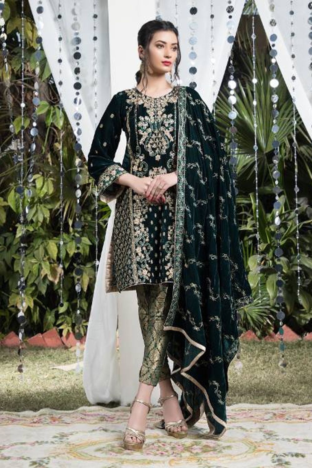 Green Adda Work Velvet Partywear Suit Online in Dubai UAE Abudhabi Ajman Sharjah