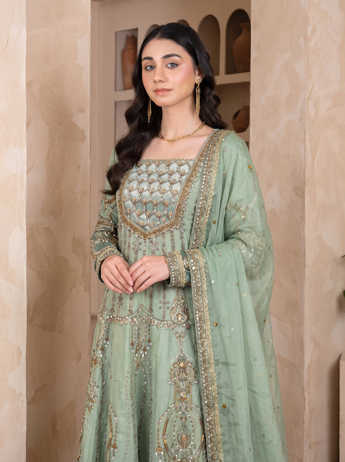 Green Chiffon Embellished Salwar Kameez Online in KSA Riyadh Saudi Arabia Oman Bahrain Qatar