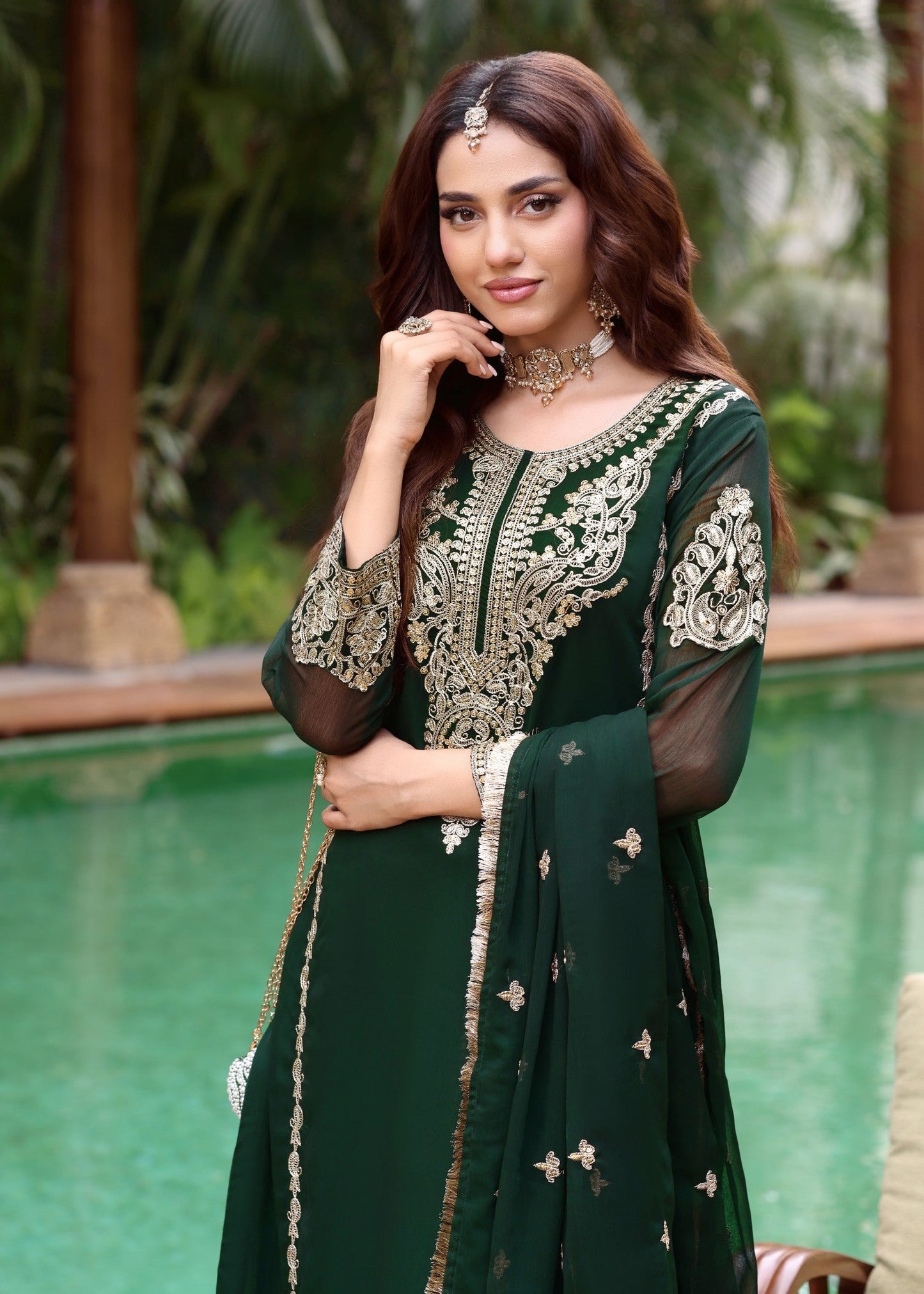Green Chiffon Embroidered 3 Piece Suit Online in Dubai DXB UAE Abudhabi Meena Bazaar