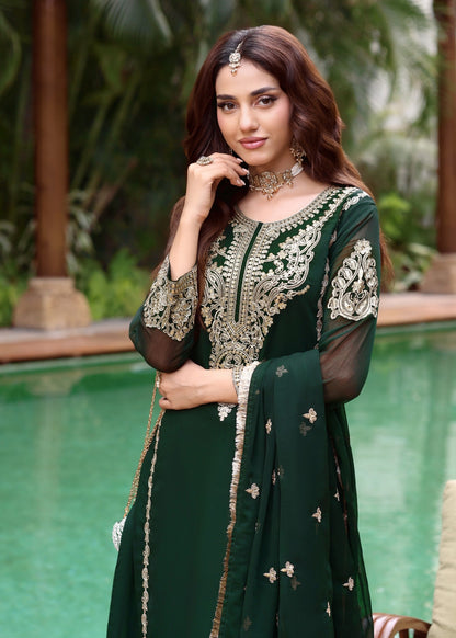 Green Chiffon Embroidered 3 Piece Suit Online in Dubai DXB UAE Abudhabi Meena Bazaar