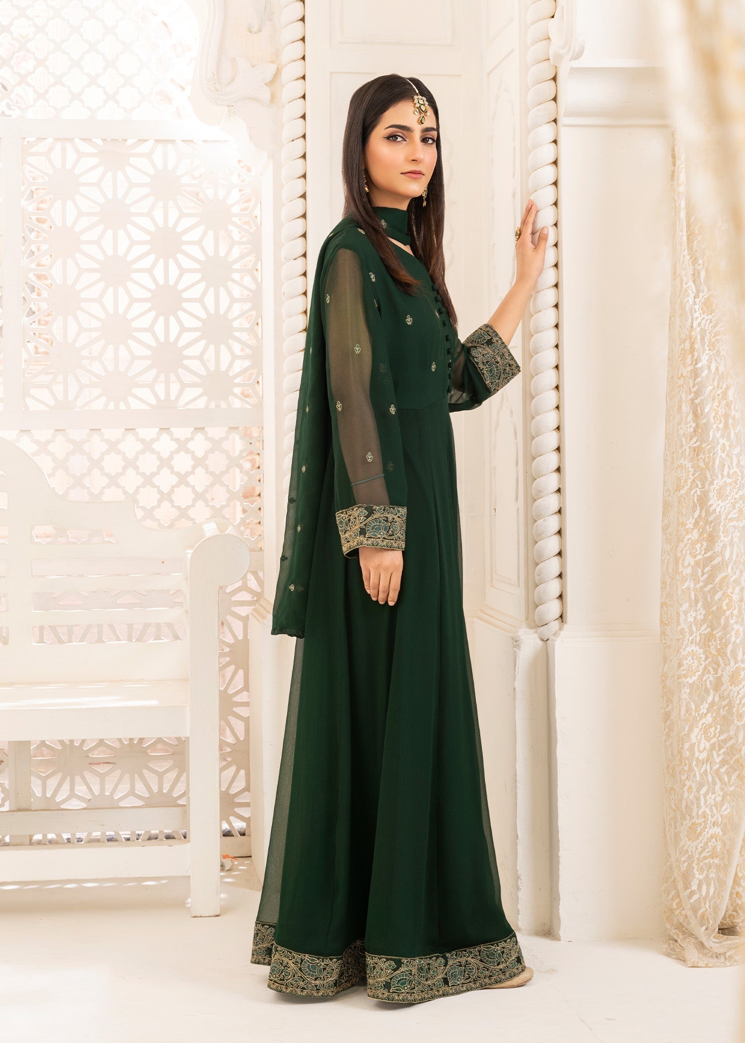 Green Chiffon Embroidered Pishwas and Raw Silk Trouser Online in Sri Lanka India Australia