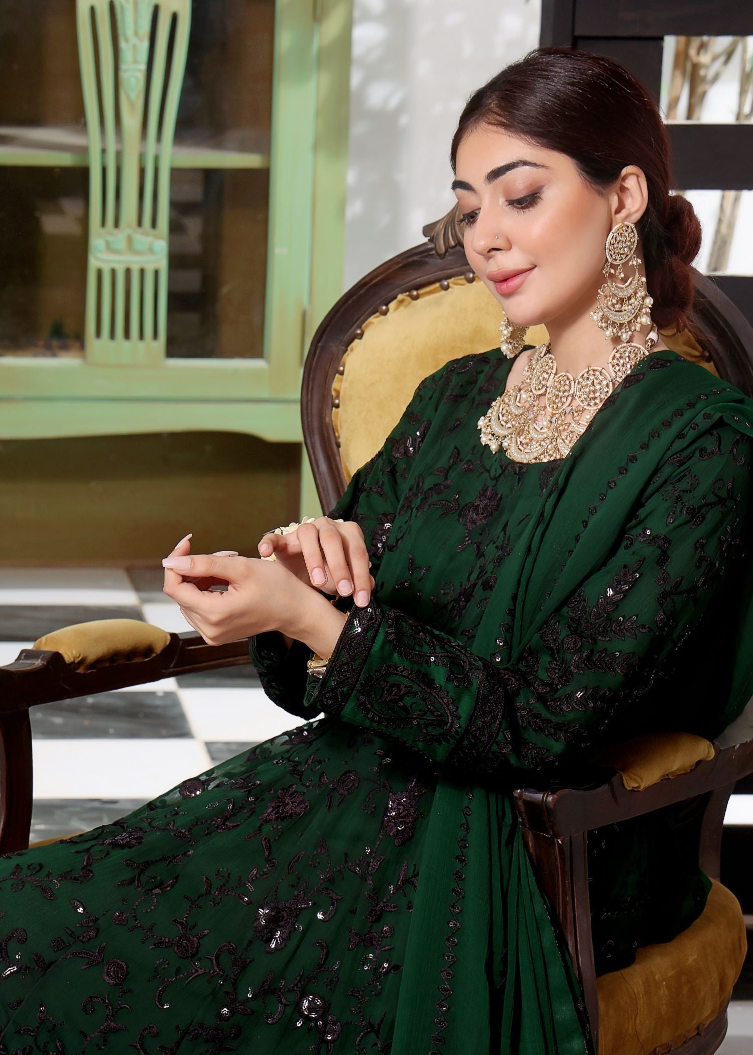 Green Chiffon Embroidered Wedding Outfit Online in Dubai DXB UAE Abudhabi Meena Bazaar