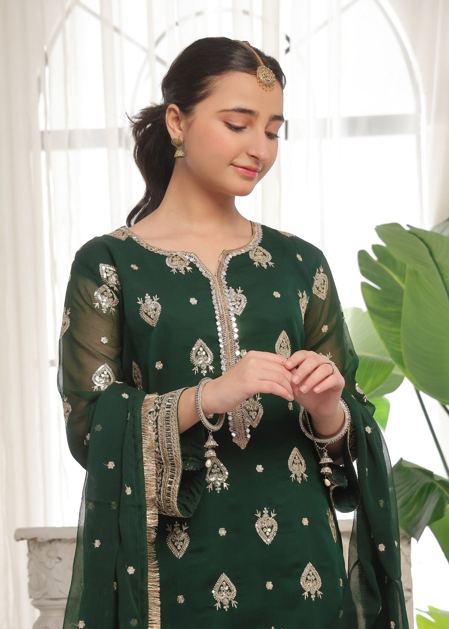 Green Chiffon Kurta Set with Dupatta Online in Dubai DXB UAE Abudhabi Meena Bazaar