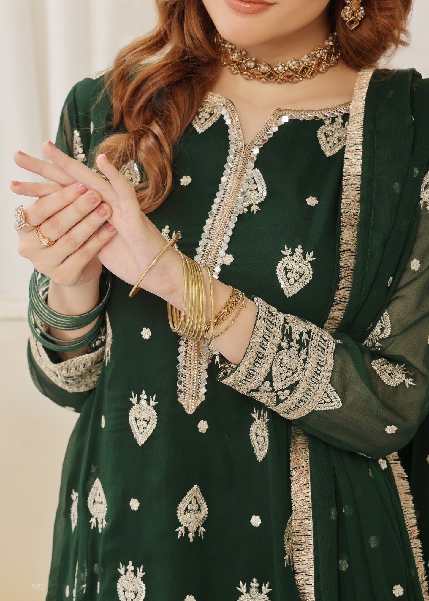 Green Chiffon Pishwas with Trouser Online in Dubai UAE Abudhabi Ajman Sharjah