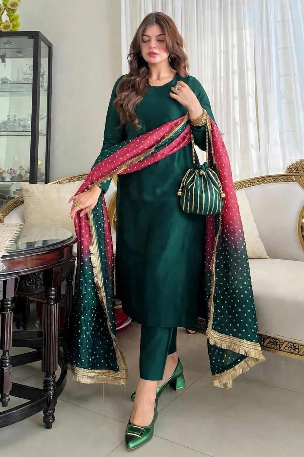 Green Chunri Print Silk Pakistani Suit Online in Dubai UAE Abudhabi Ajman Sharjah