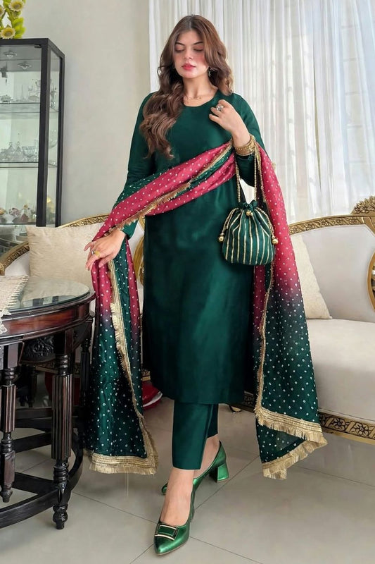 Green Chunri Print Silk Pakistani Suit Online in Dubai UAE Abudhabi Ajman Sharjah