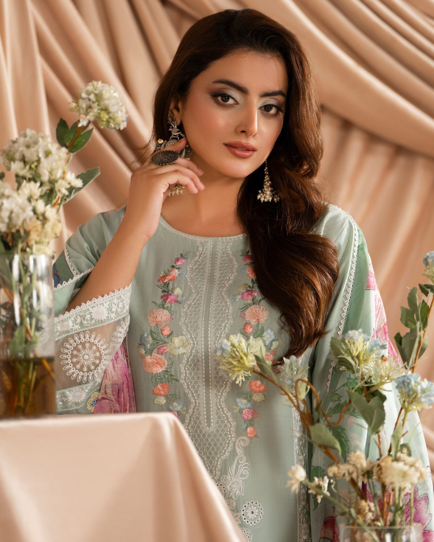 Green Cotton Embroidered Salwar Kameez Online in KSA Riyadh Saudi Arabia Oman Bahrain Qatar