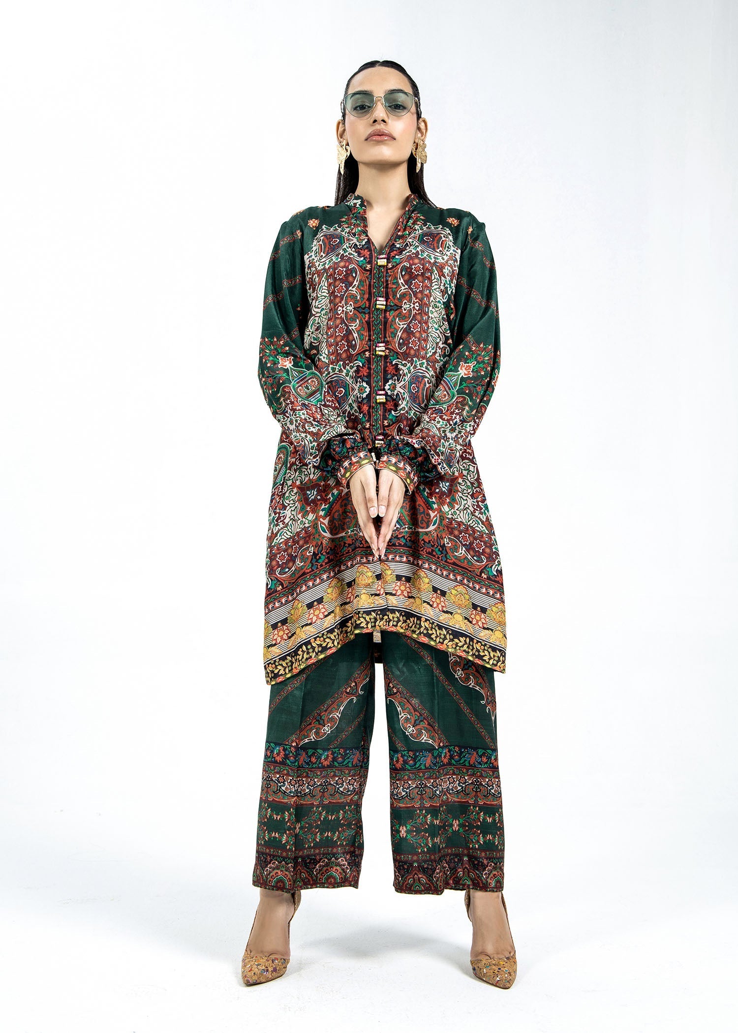 Green Digital Print Raw Silk Suit Online in Sri Lanka India Australia