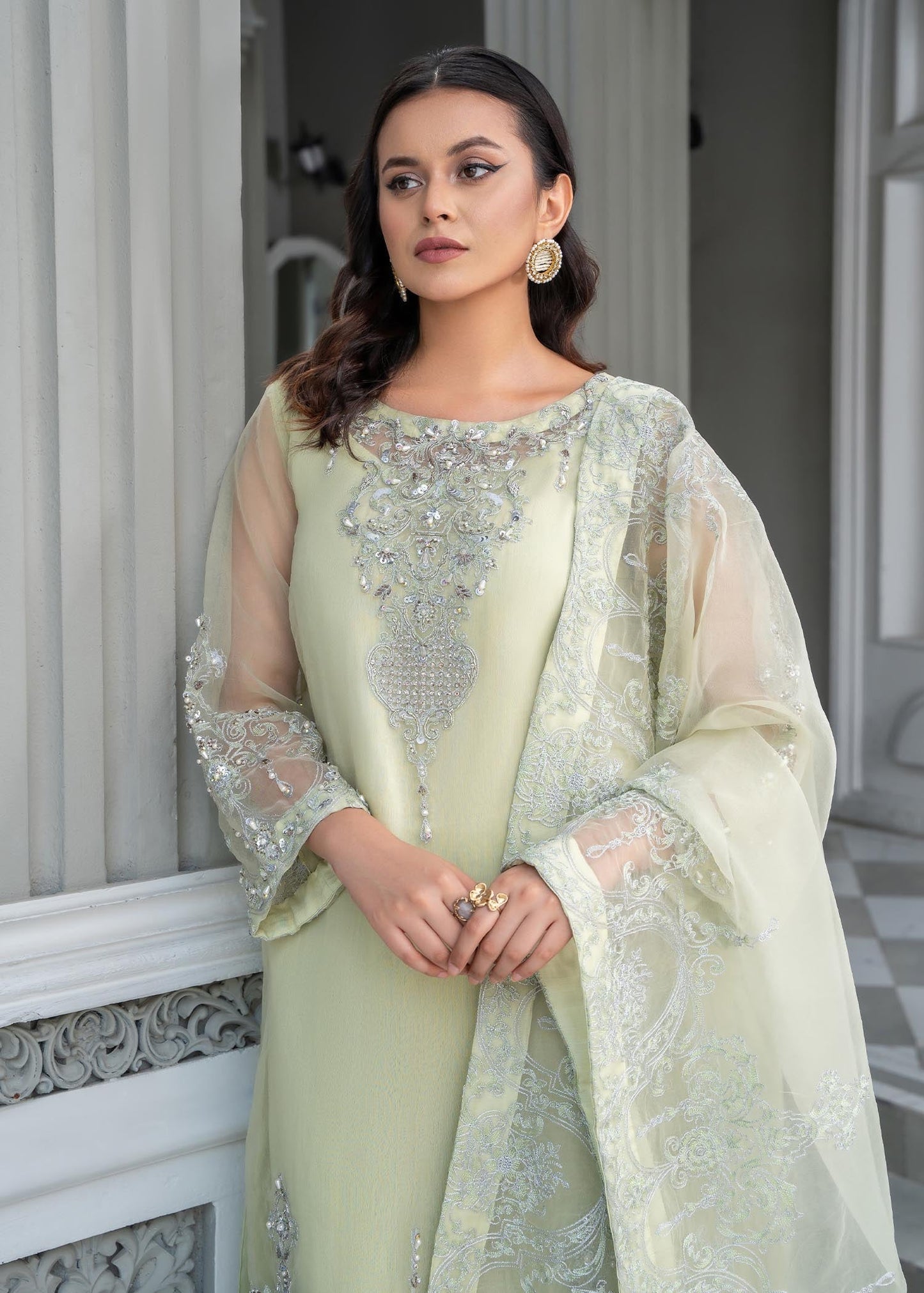 Green Embellished Organza 3 Piece Suit Online in Dubai DXB UAE Abudhabi Meena Bazaar