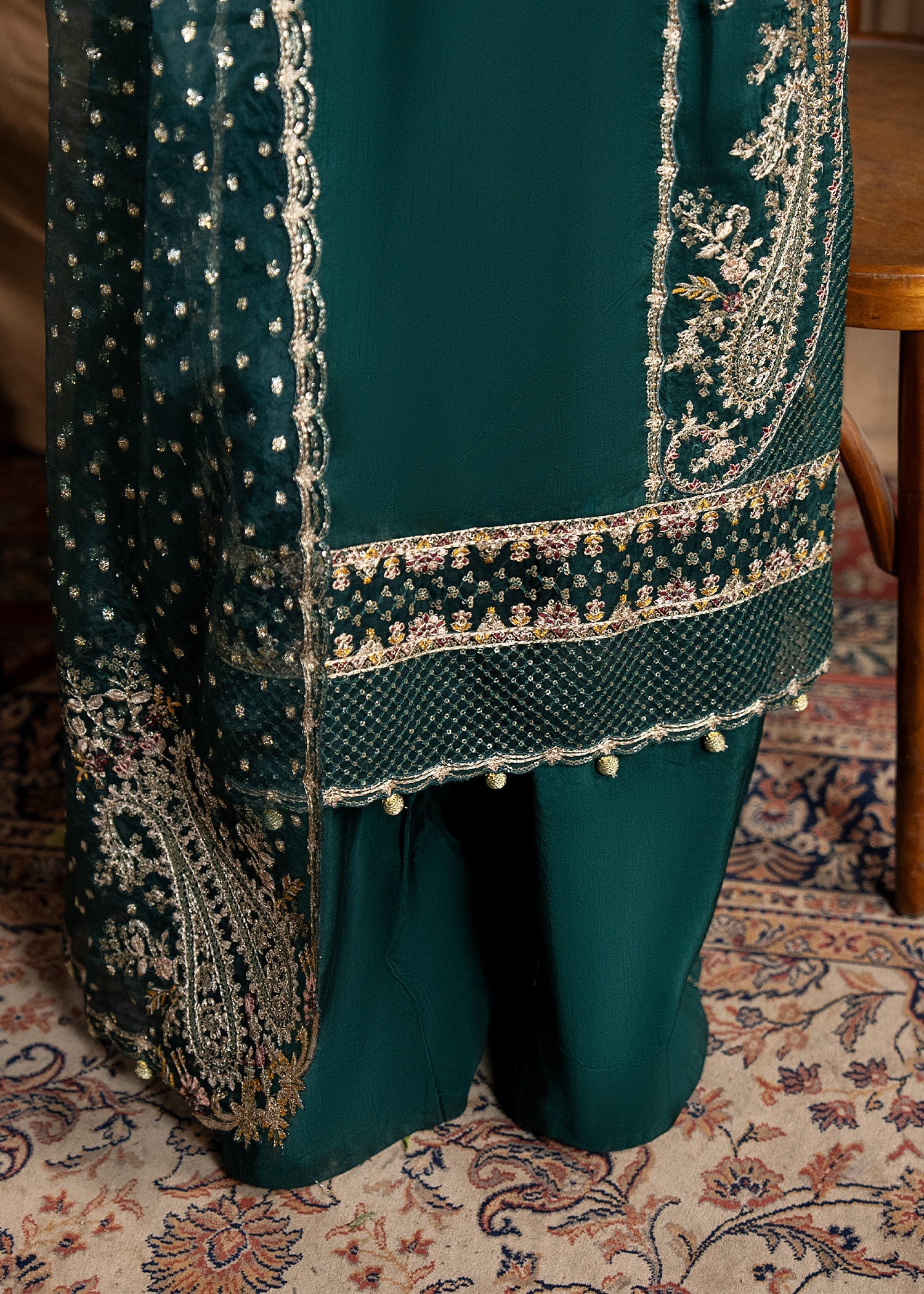 Green Embellished Organza Dupatta Raw Silk Suit Online in UK USA Canada