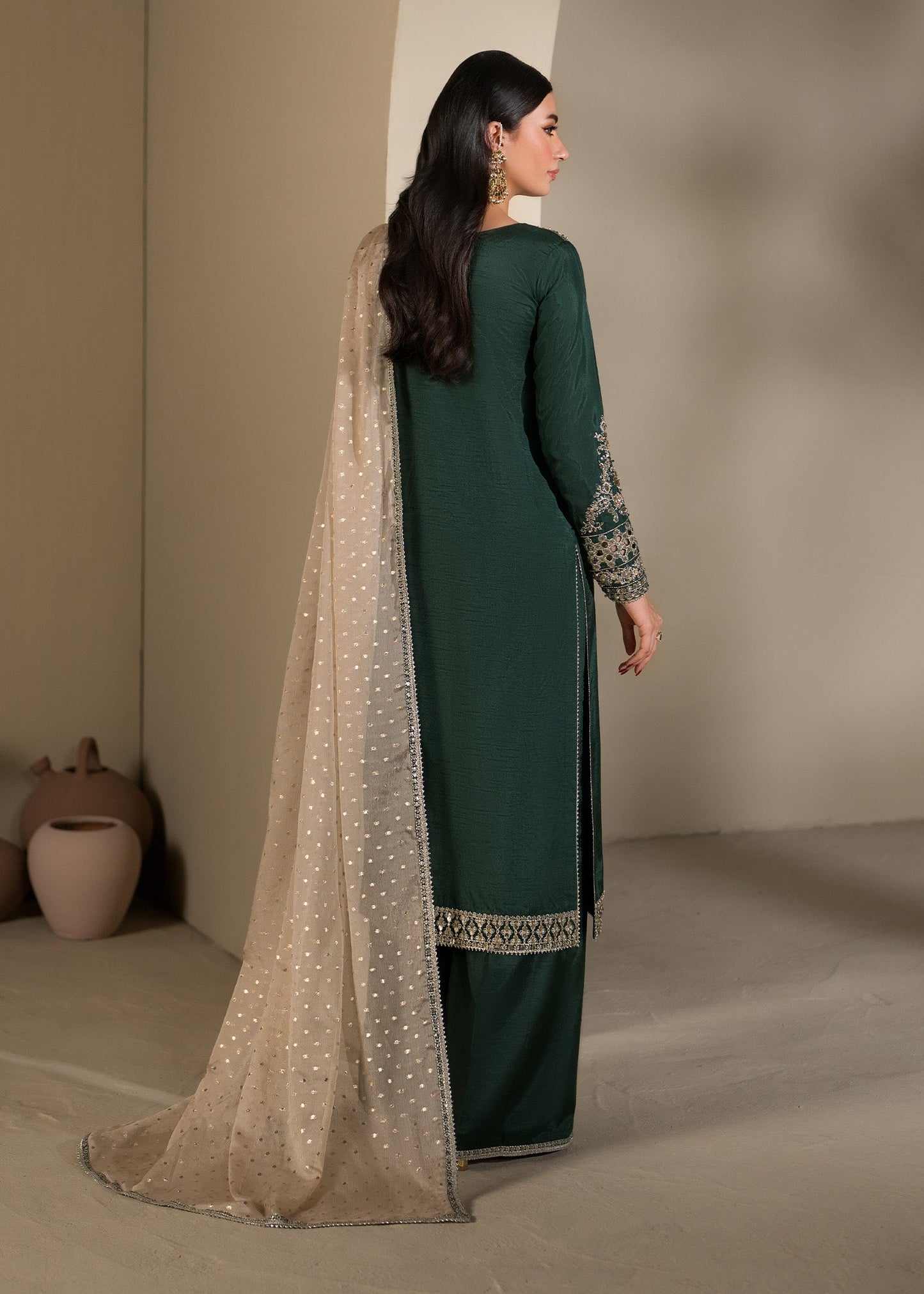Green Embellished Raw Silk Kurta Palazzo Set Online in Sri Lanka India Australia