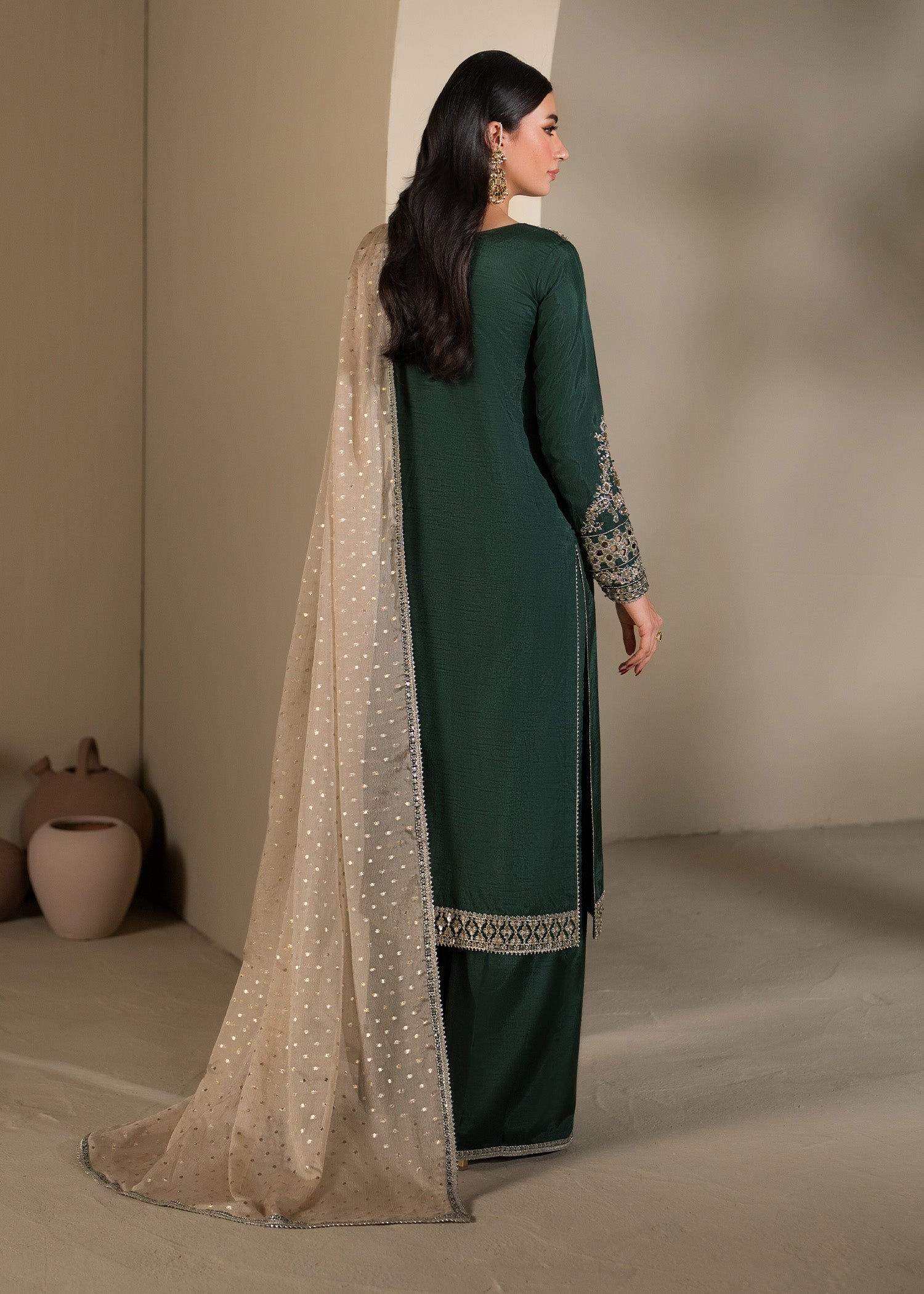 Green Embellished Raw Silk Kurta Palazzo Set Online in Sri Lanka India Australia