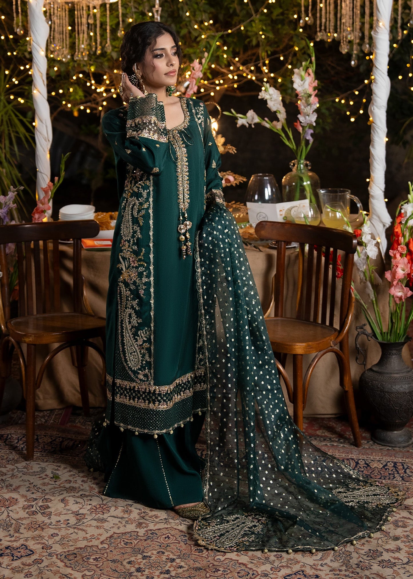Green Embroidered 3 Piece Raw Silk Outfit Online in Dubai DXB UAE Abudhabi Meena Bazaar